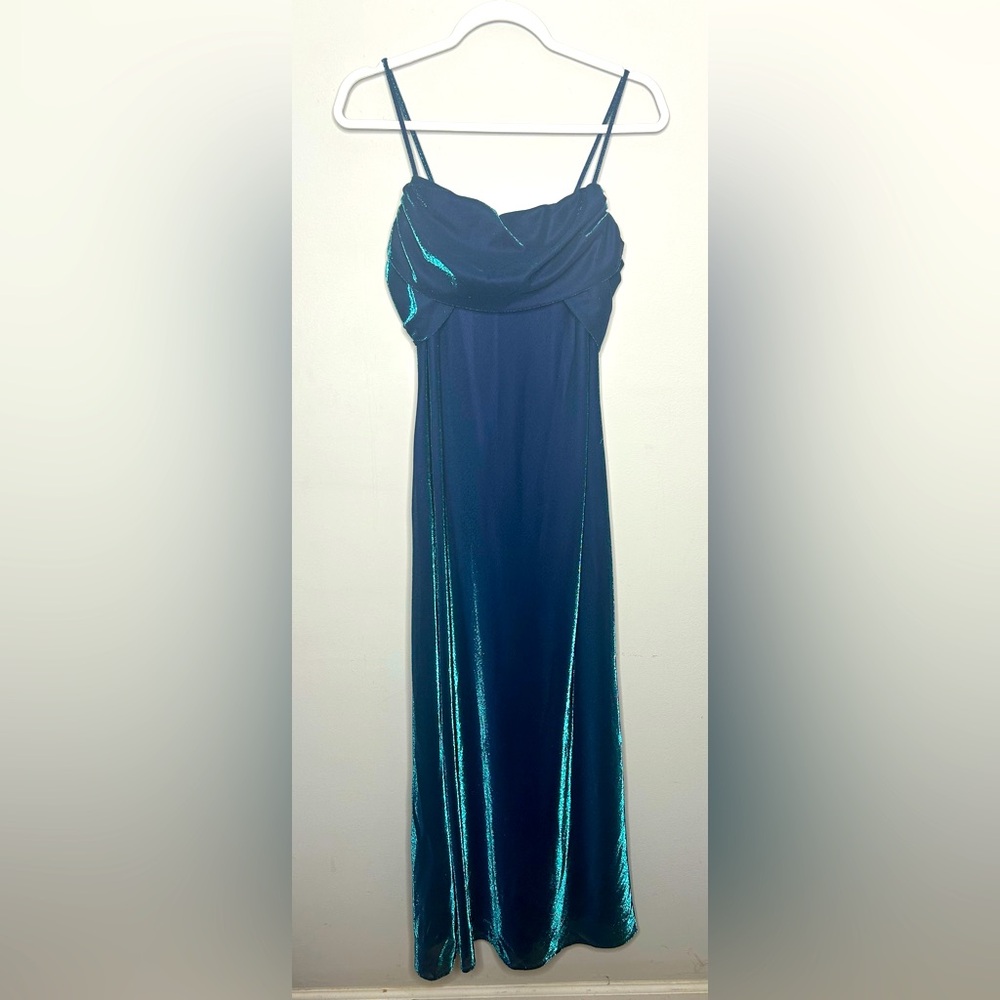 Vintage Y2K Metallic Blue Spaghetti Strap Evening Long Formal Gown Dress Blue 6